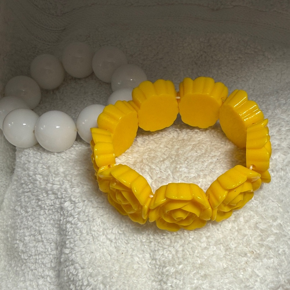 Vibrant Yellow stretch Floral Bracelet and large white bauble stretch bracelet